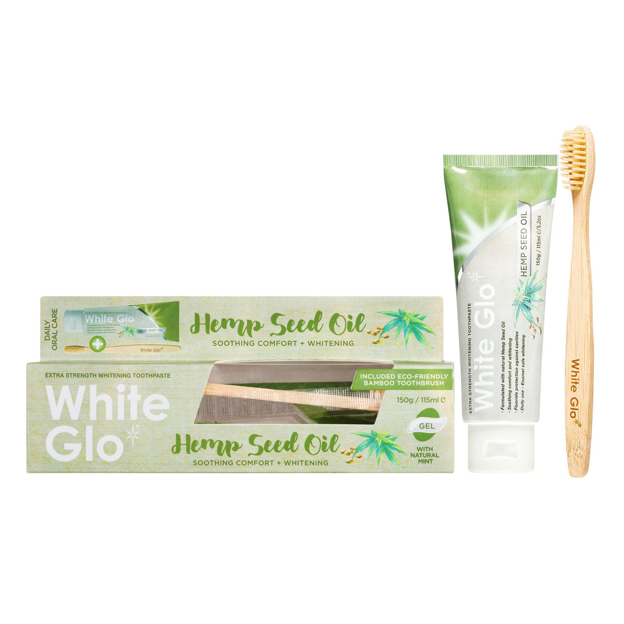 WHITE GLO HEMP SEED OIL balinamoji dantų pasta su kanapių sėklų aliejumi, 150 g + dantų šepetėlis