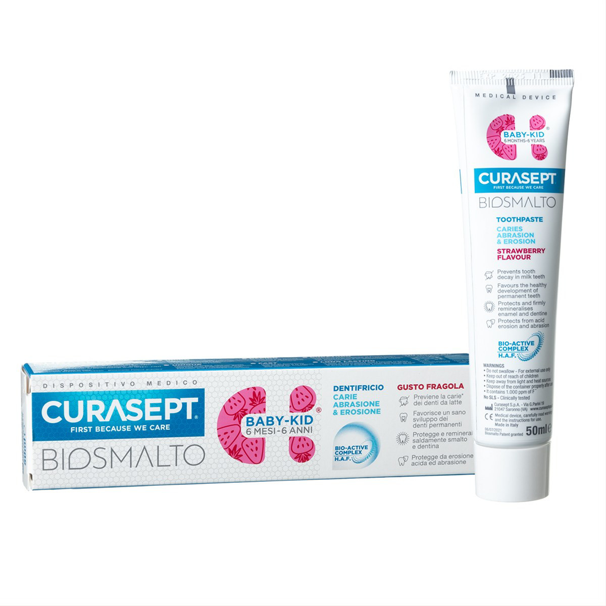 CURASEPT BIOSMALTO BABY - KID, 6 mėnesių - 6 metų, braškių skonio dantų pasta, 50 ml