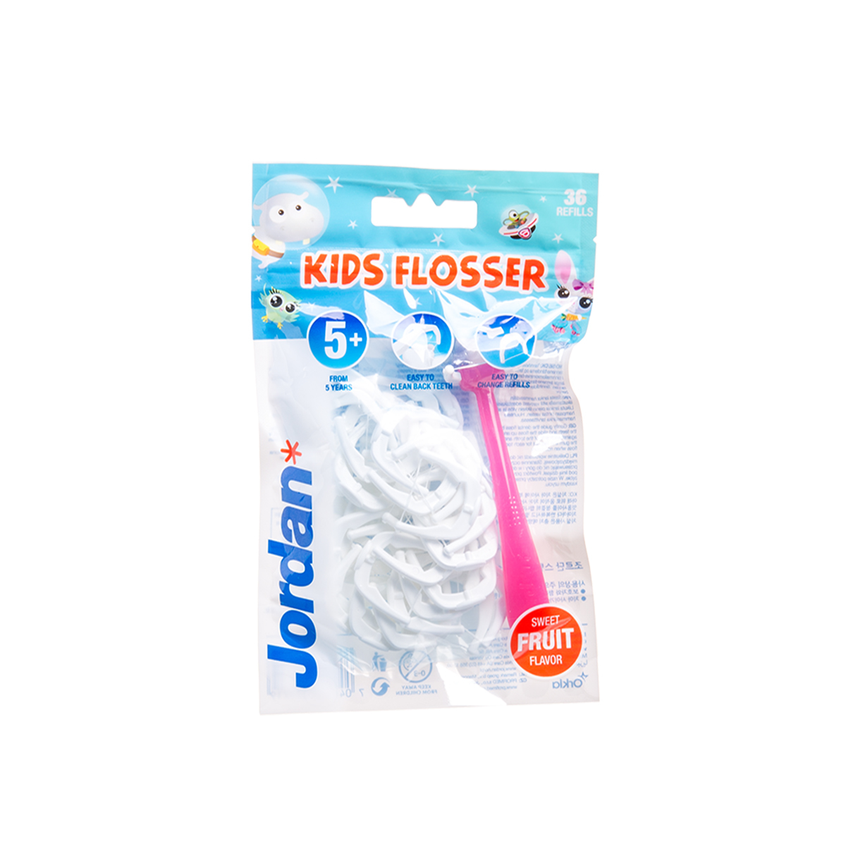 JORDAN, dantų siūlas vaikams, vaisių skonio su laikikliu "Kid Flosser", 36 vnt.