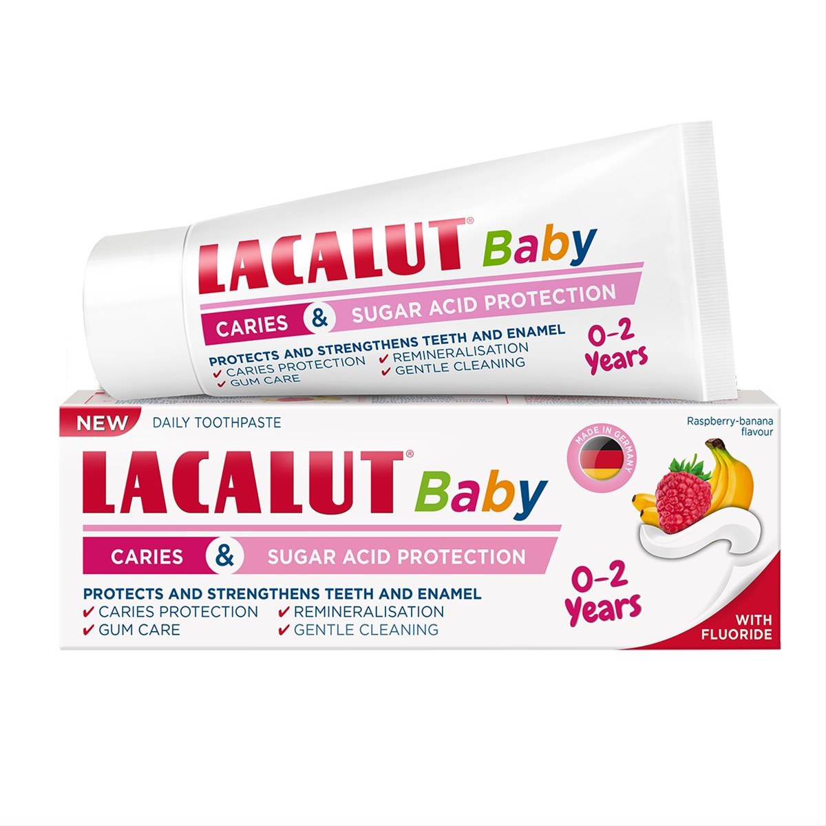 LACALUT BABY, dantų pasta, 0-2 metų vaikams, aviečių ir bananų skonio, 55 ml