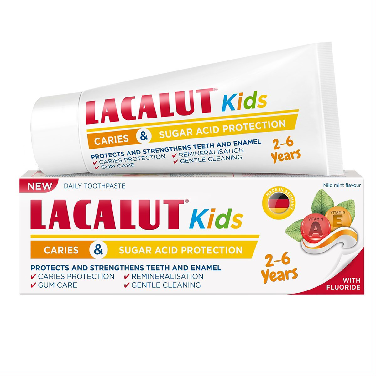 LACALUT KIDS, dantų pasta, 2-6 metų vaikams, švelnaus mėtų skonio, su vitaminais A ir E, 55ml