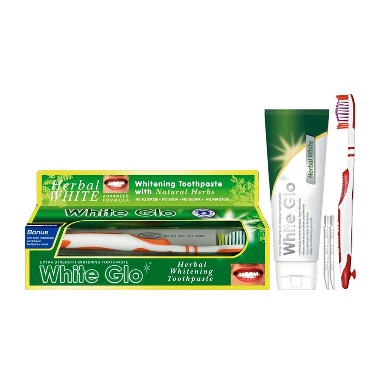 WHITE GLO HERBAL WHITE augalinė balinamoji dantų pasta, 150 g + dantų šepetėlis