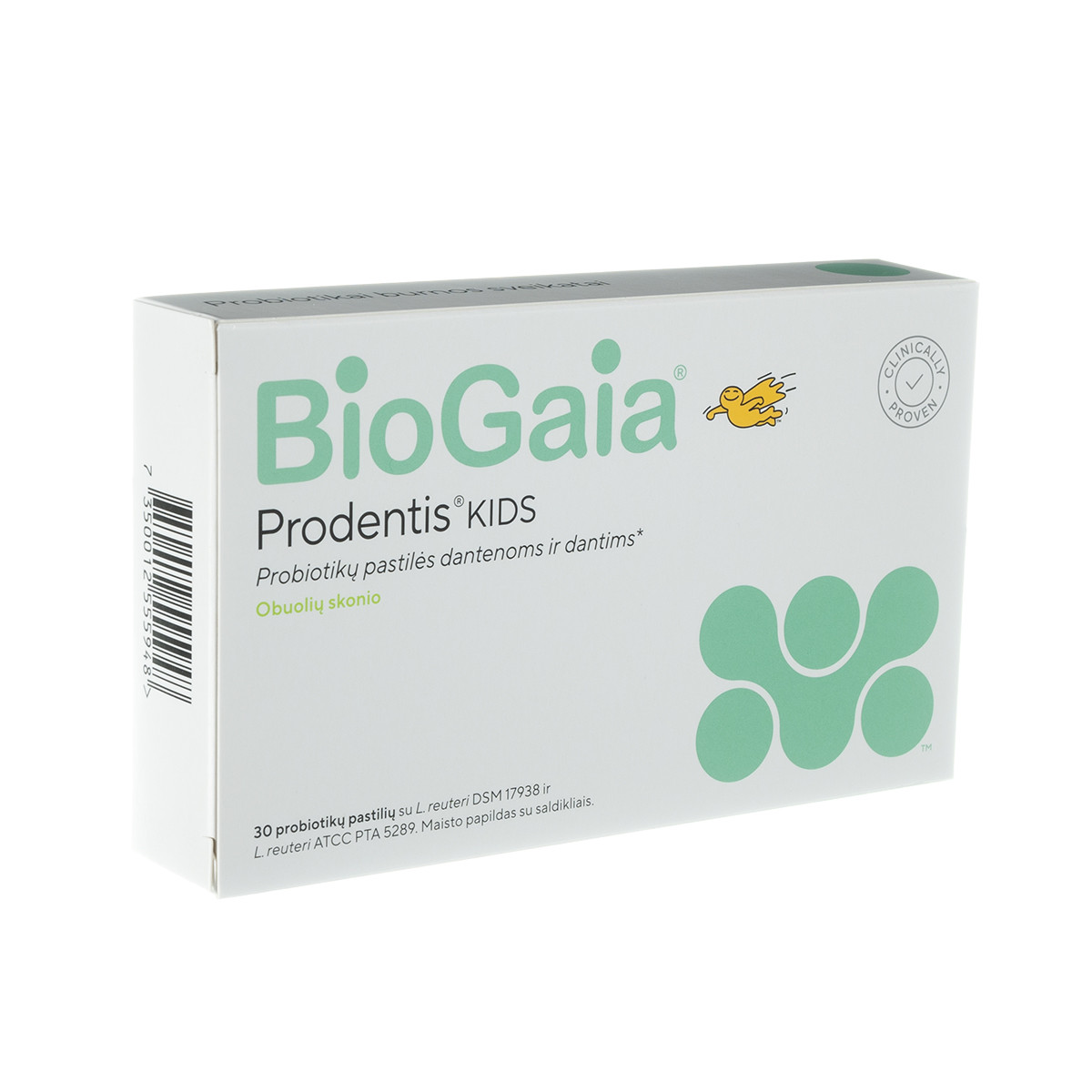 BIOGAIA PRODENTIS KIDS, obuolių skonio, nuo trejų metų amžiaus, 30 čiulpiamųjų tablečių