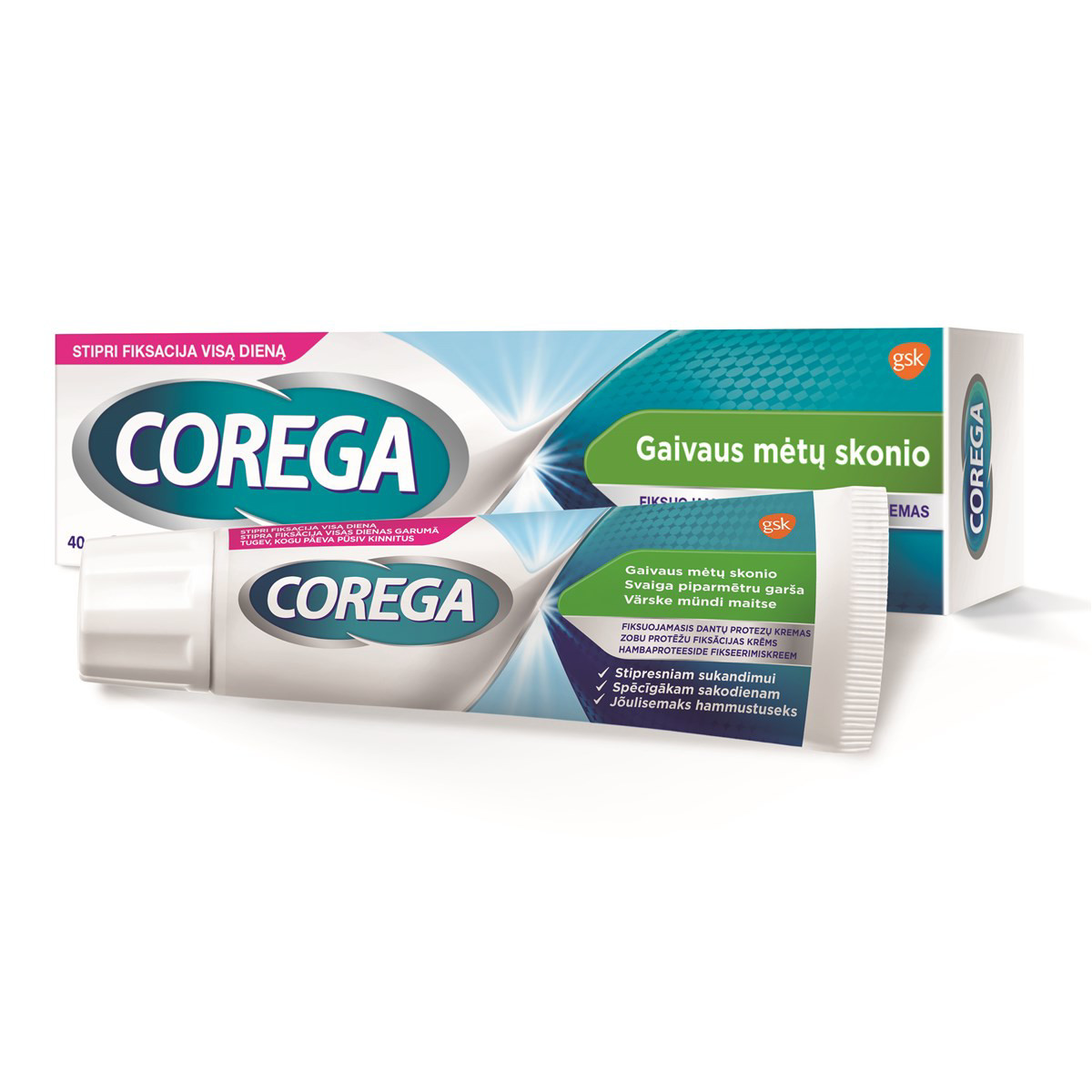 COREGA, fiksuojamasis dantų protezų kremas, gaivaus mėtų skonio, (stipri fiksacija visą dieną), 40g