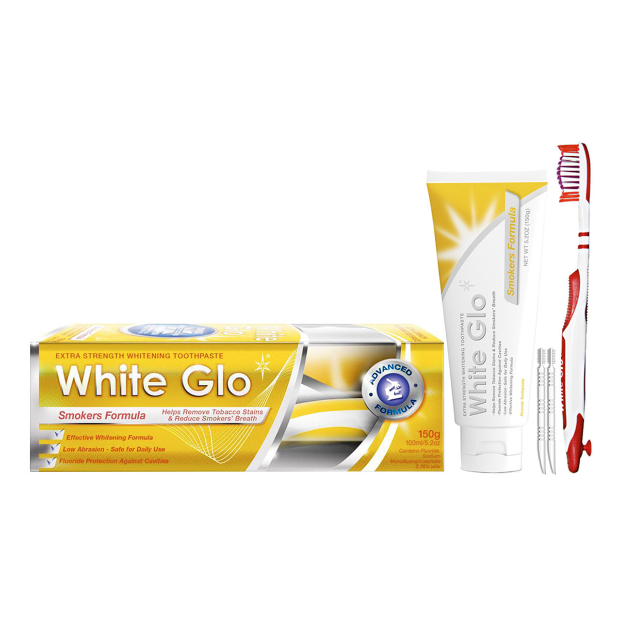 WHITE GLO SMOKERS FORMULA balinamoji dantų pasta rūkantiesiems, 150 g + dantų šepetėlis