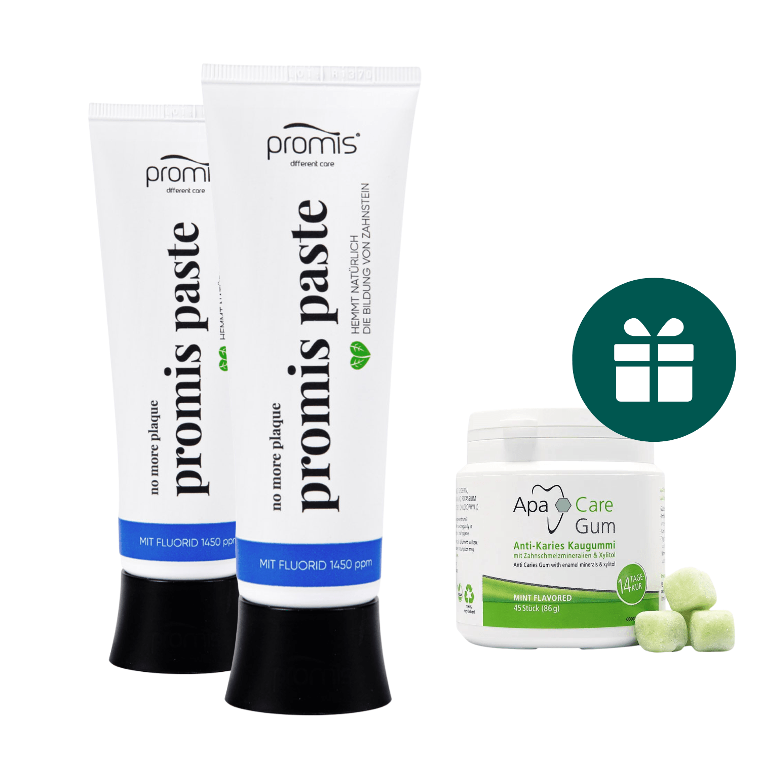 AKCIJA 2+1: "Promis Paste" natūrali remineralizuojanti dantų pasta su fluoru (2 x 75 ml) ir "ApaCare Gum" kramtomoji guma su saldikliu ksilitoliu (45 vnt.)