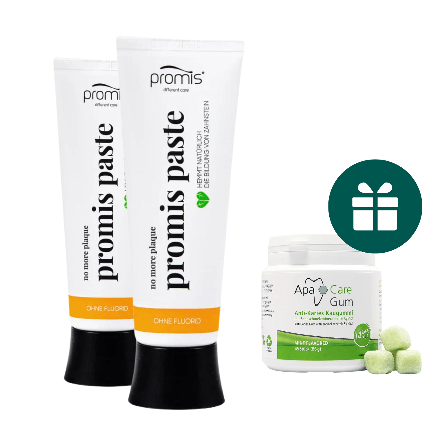 AKCIJA 2+1: "Promis Paste" natūrali remineralizuojanti dantų pasta be fluoro (2 x 75 ml) ir "ApaCare Gum" kramtomoji guma su saldikliu ksilitoliu (45 vnt.)