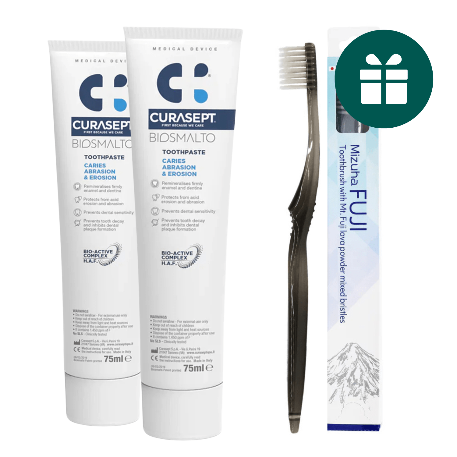 AKCIJA 2+1: "Curasept Biosmalto Caries Abrasion and Erosion" remineralizuojanti dantų pasta (2 x 75 ml) ir "Mizuha Fuji" minkštas japoniškas dantų šepetėlis su mineralais (1 vnt.)