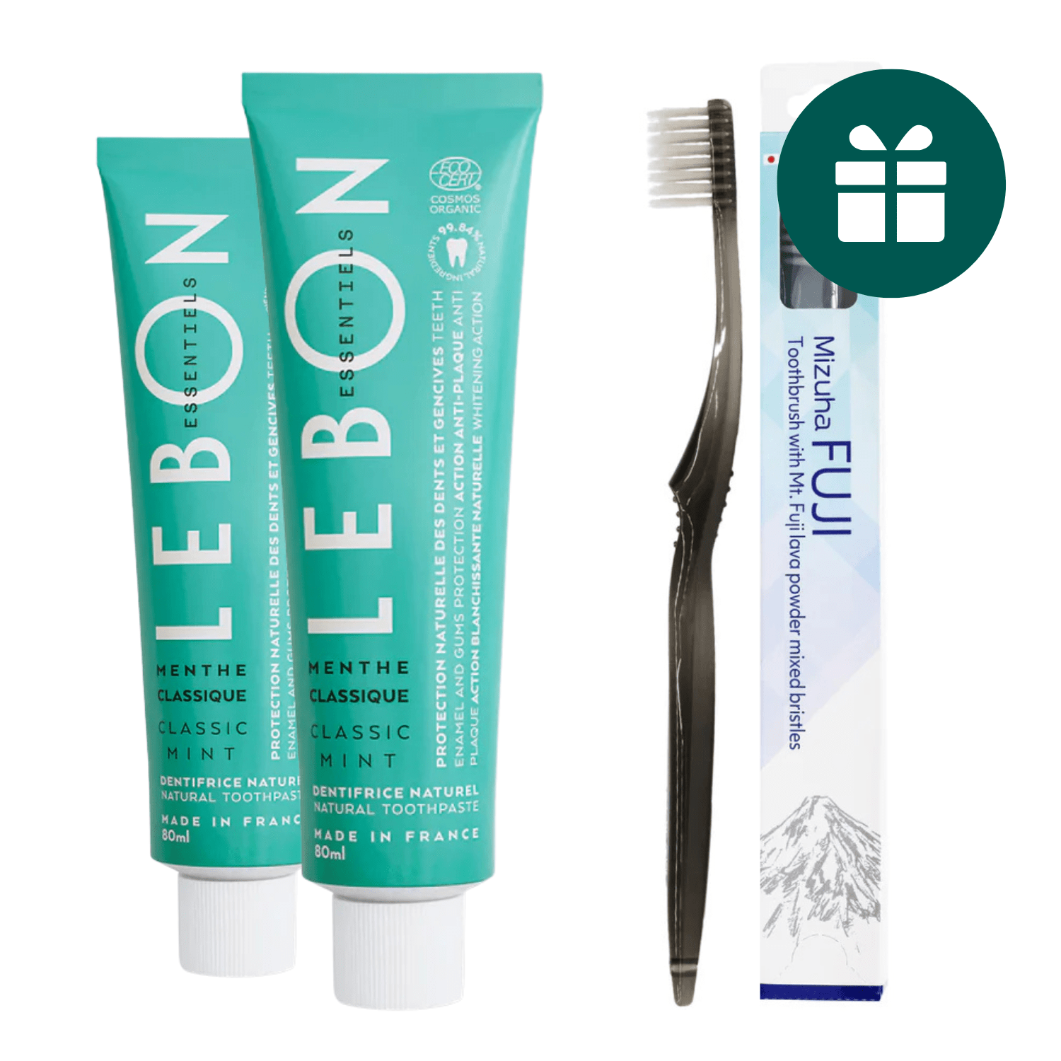 AKCIJA 2+1: "Lebon Essentiels" balinanti ir remineralizuojanti dantų pasta (2 x 80 ml) ir "Mizuha Fuji" minkštas japoniškas dantų šepetėlis su mineralais (1 vnt.)