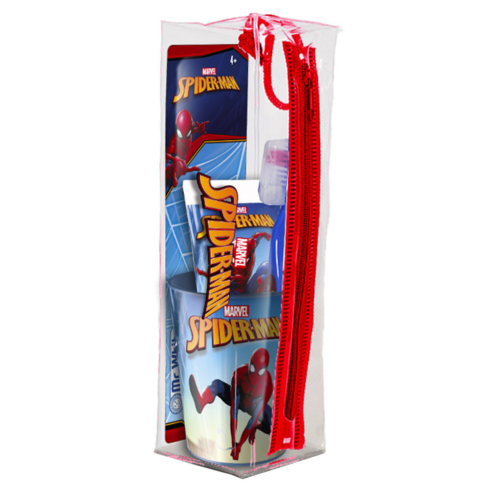 SPIDER-MAN kelioninis rinkinys vaikams: dantų pasta, 75 ml. + dantų šepetėlis 1 vnt. + stiklinė 1 vnt. + kosmetinė 1 vnt.