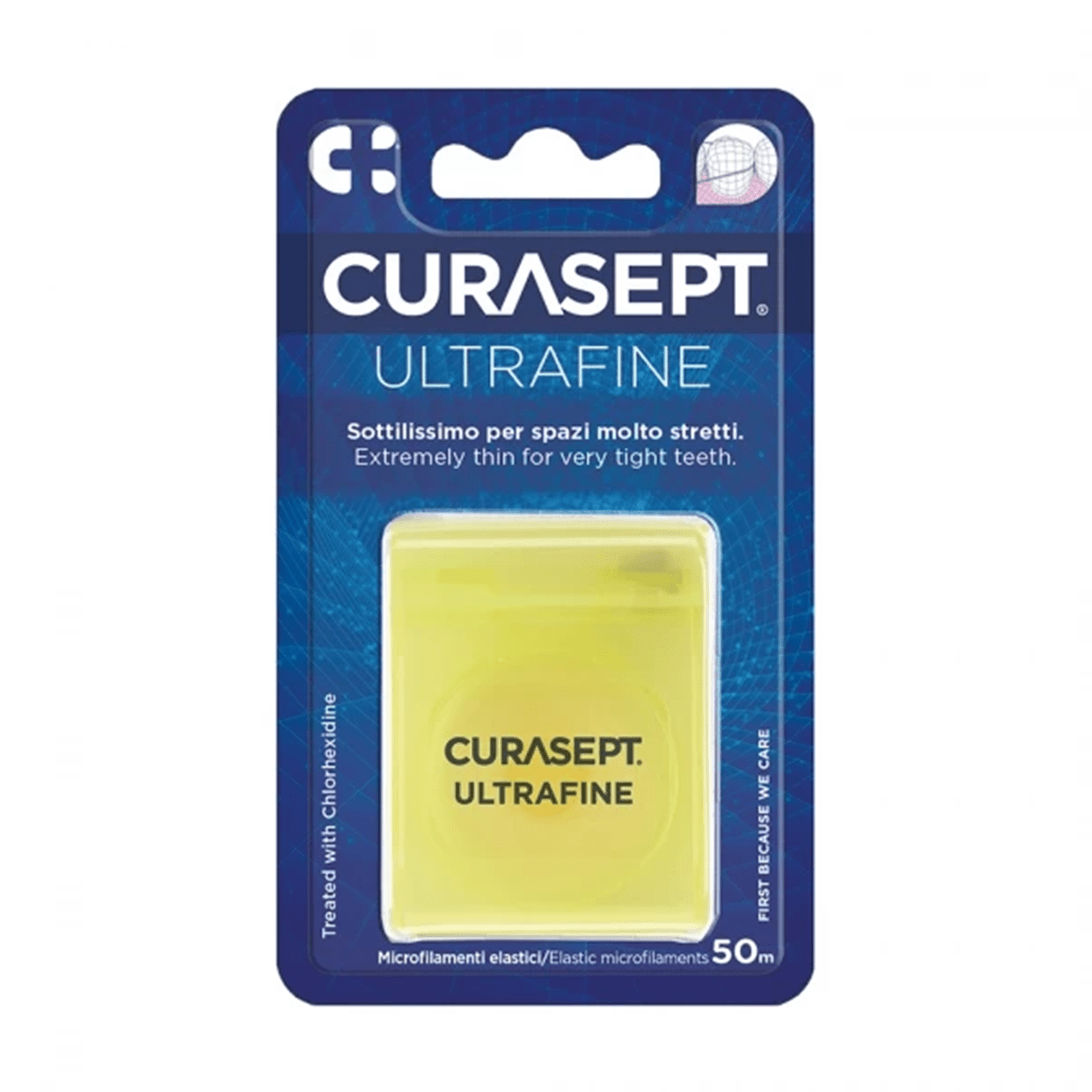 "Curasept Ultrafine" nevaškuotas tarpdančių siūlas su chlorheksidinu, 50 m