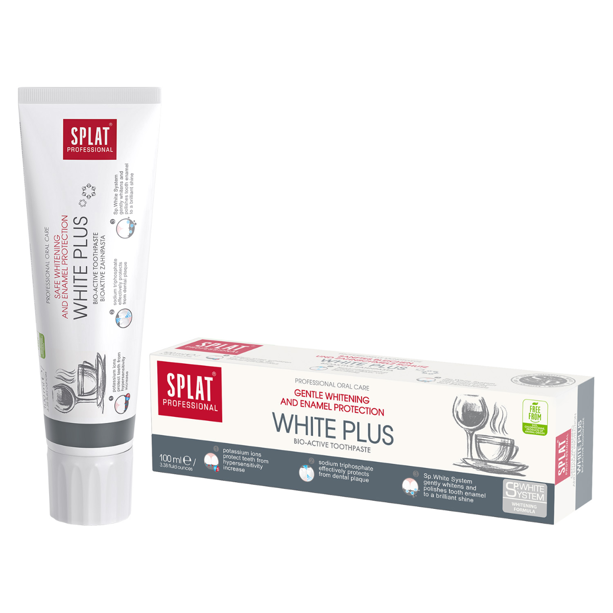 SPLAT PROFESSIONAL WHITE PLUS, Dantų pasta balinanti, emalio apsaugai, 100ml