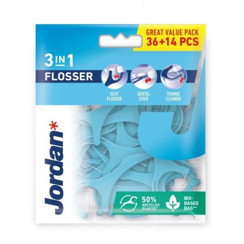 Jordan 3-in-1 Flosser Tarpdančių siūlai su laikikliu, 36vnt+14vnt