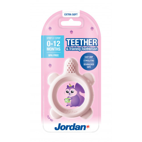 Jordan Teether and Training Toothbrush Extra Soft Kramtukas kūdikiams, ypač minkštas, Pink