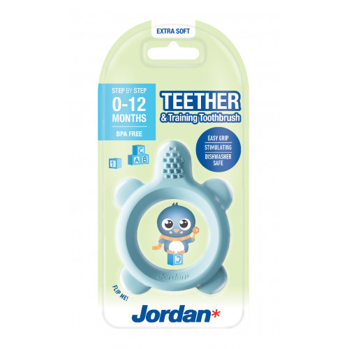 Jordan Teether and Training Toothbrush Extra Soft Kramtukas kūdikiams, ypač minkštas, Baby Blue