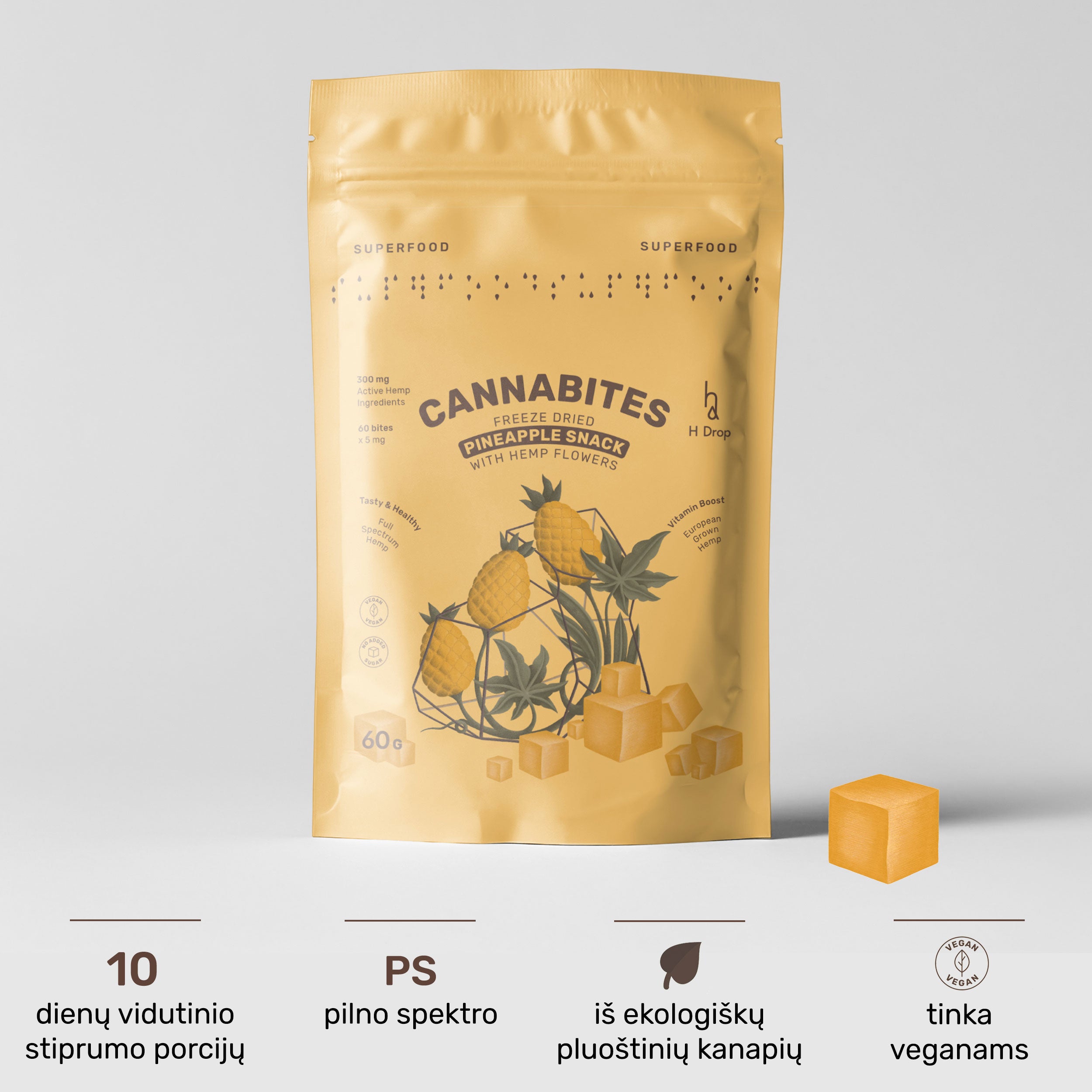 Cannabites - Funkciniai ananasų kubeliai su kanapių žiedais (didelė 60 vnt. pakuotė, 300mg)