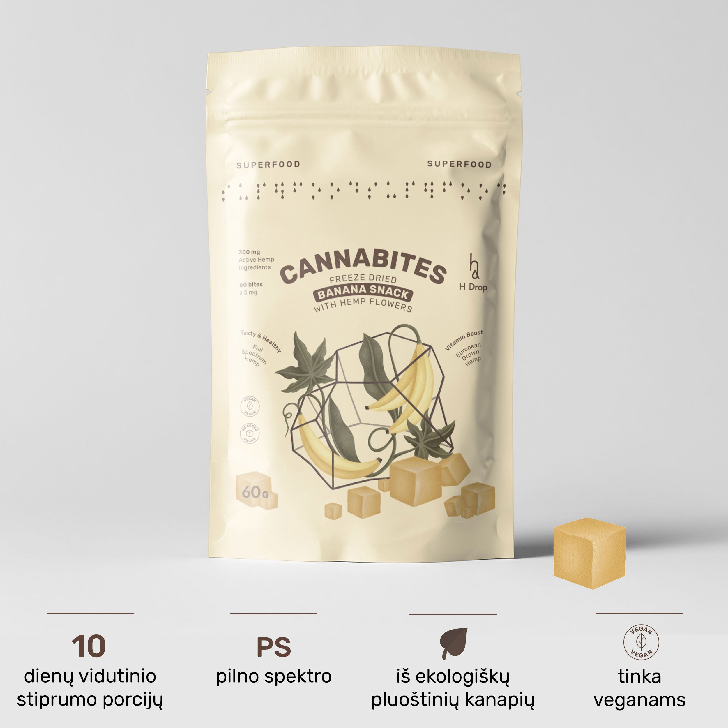 Cannabites - Funkciniai bananų kubeliai su kanapių žiedais (didelė 60 vnt. pakuotė, 300mg)