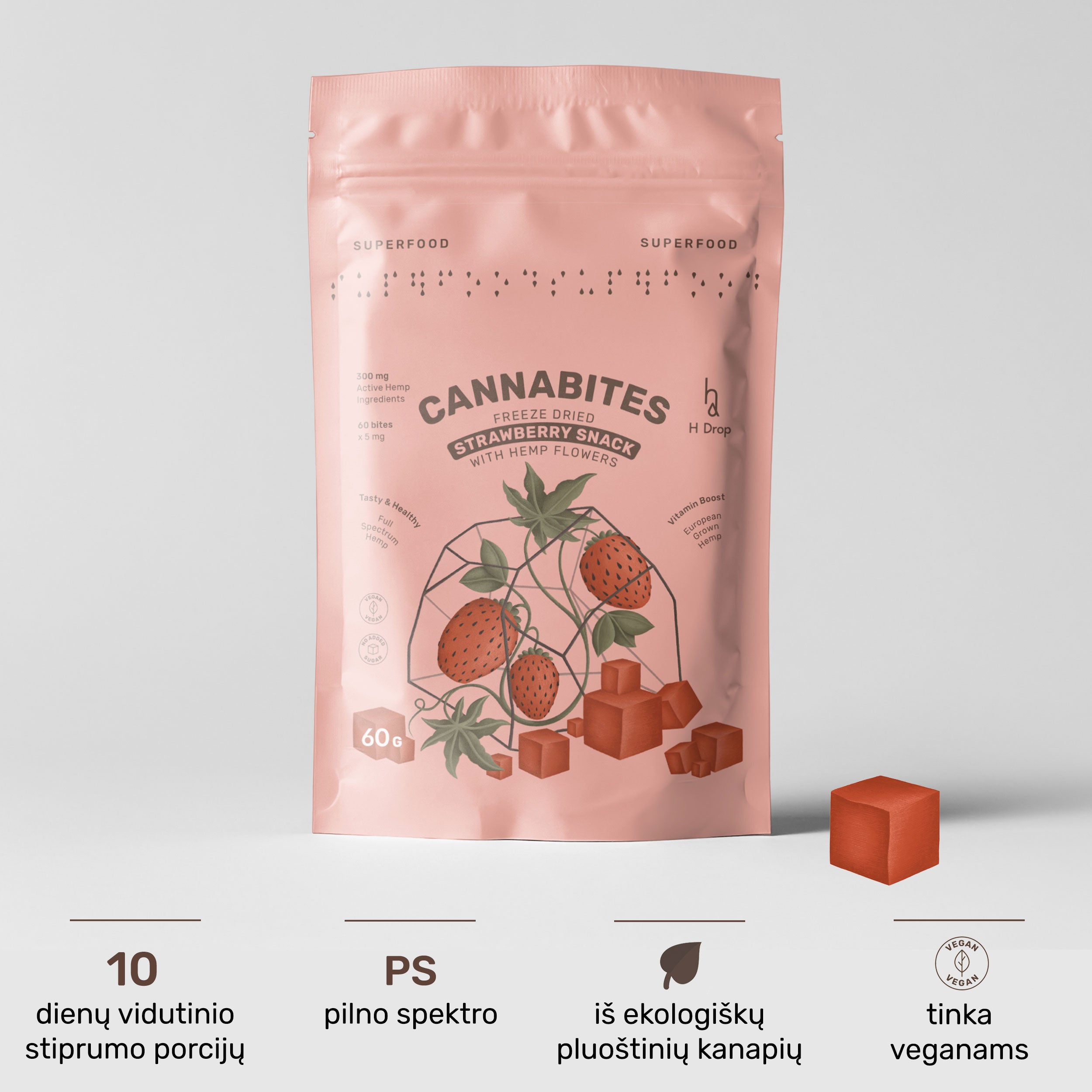 Cannabites - Funkciniai braškių kubeliai su kanapių žiedais (didelė 60 vnt. pakuotė, 300mg)