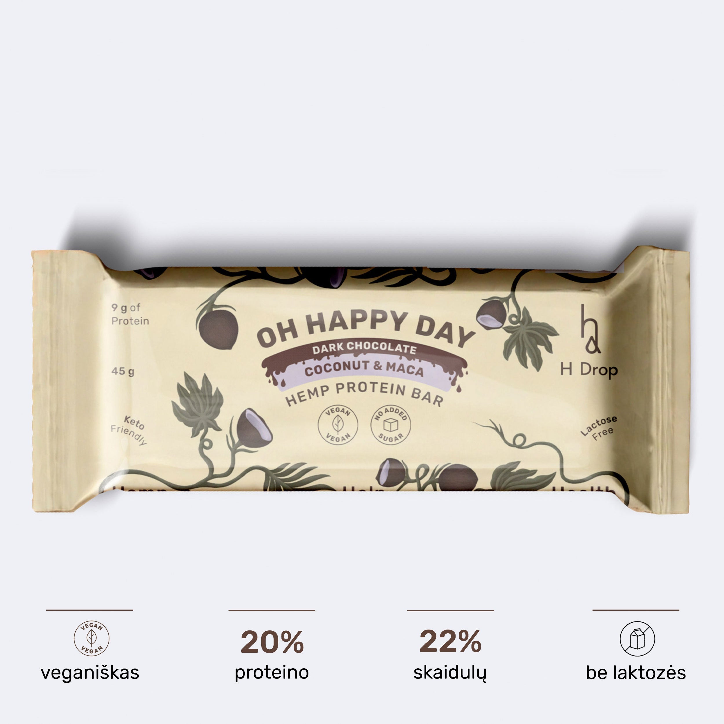 Oh Happy Day - kanapių proteino batonėlis su kokosu ir maka, juodajame šokolade (1 vnt.)