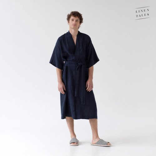 Linen Tales Bilberry Blue Linen Summer Bathrobe Unisex Lininis chalatas trumpomis rankovėmis, L-XL