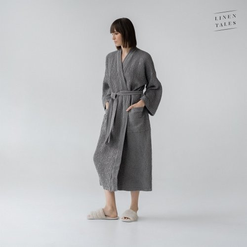 Linen Tales Dark Grey Linen & Cotton Honeycomb Waffle Bathrobe Unisex Lininis vonios chalatas, S-M