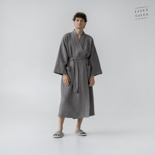 Linen Tales Dark Grey Linen & Cotton Honeycomb Waffle Bathrobe Unisex Lininis vonios chalatas, L-XL