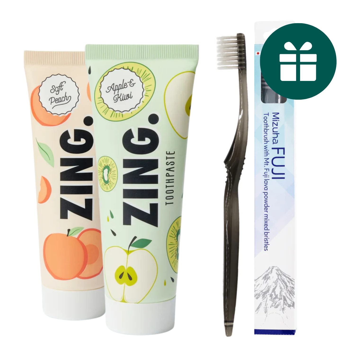 AKCIJA 2+1: "Zing." balinanti ir remineralizuojanti dantų pasta (2 x 75 ml) ir "Mizuha Fuji" minkštas japoniškas dantų šepetėlis su mineralais (1 vnt.)