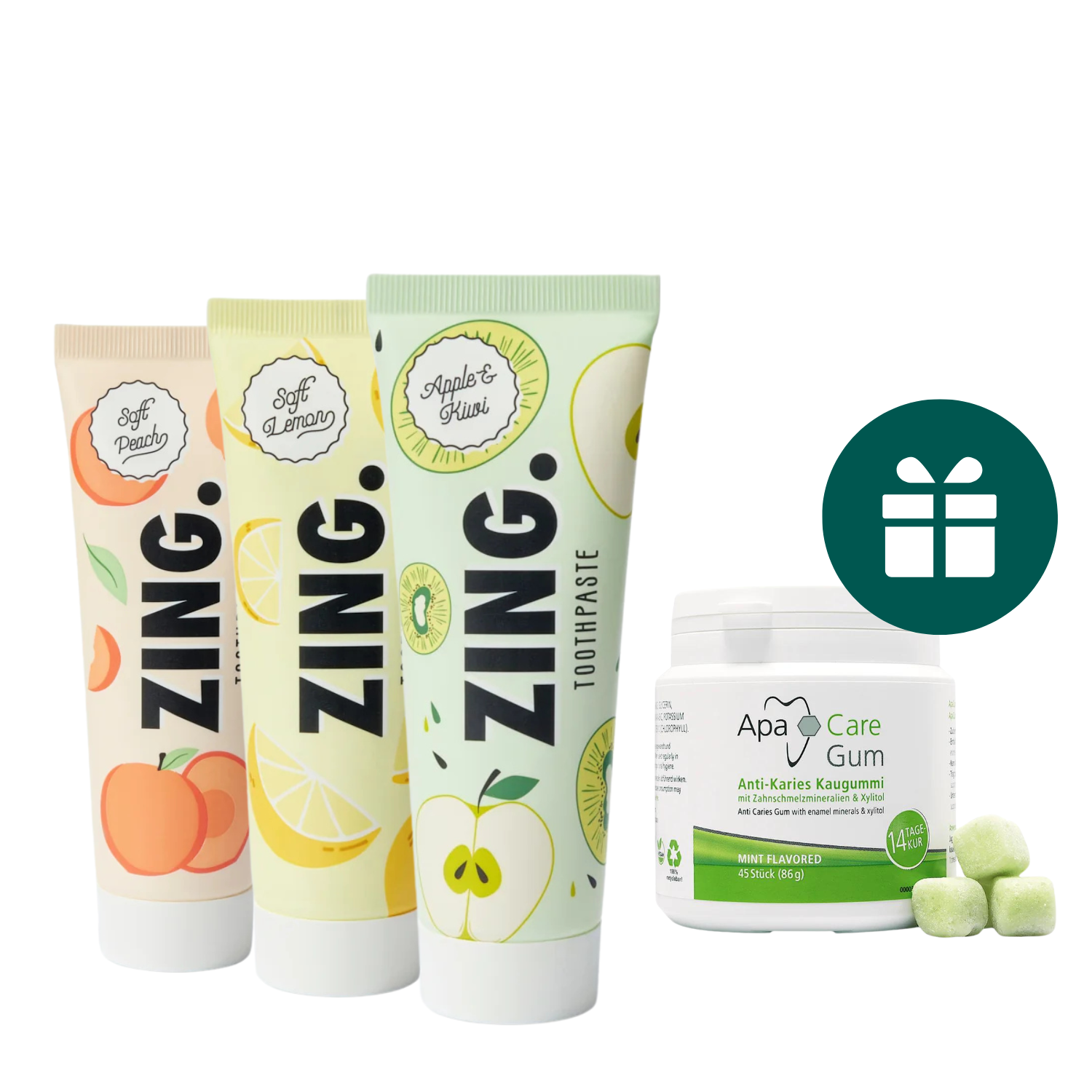 AKCIJA 3+1: "Zing." balinanti ir remineralizuojanti dantų pasta (3 x 75 ml) ir "ApaCare Gum" kramtomoji guma su saldikliu ksilitoliu (45 vnt.)