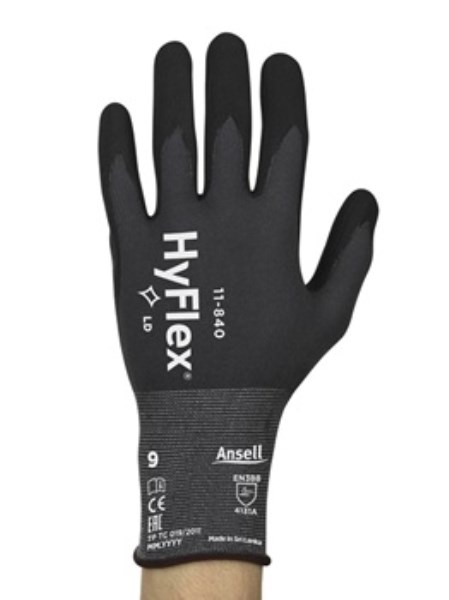Apsauginės pirštinės Ansell HyFlex 11-840, 10 dydis, itin plonos, nailonas, spandex. Nitrilo putų delno padengimas. Mažmeninė pakuotė
