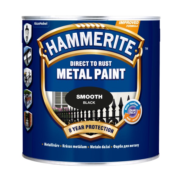 Antikoroziniai dažai HAMMERITE SMOOTH, 750 ml, juodos sp., blizgūs