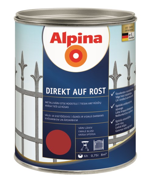 Dažai antikoroziniai metalui Alpina Direkt auf Rost blizgūs RAL 3005 0,75 l