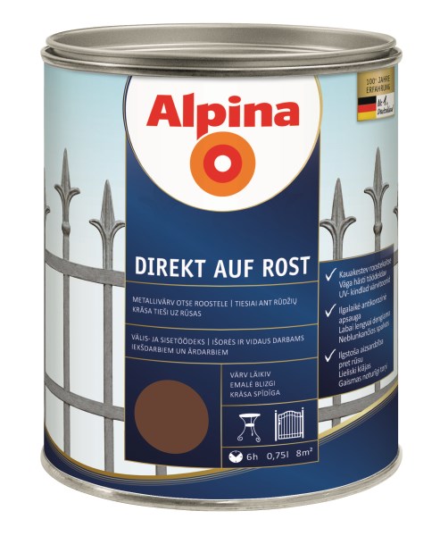 Dažai antikoroziniai metalui Alpina Direkt auf Rost blizgūs RAL 8011 0,75 l
