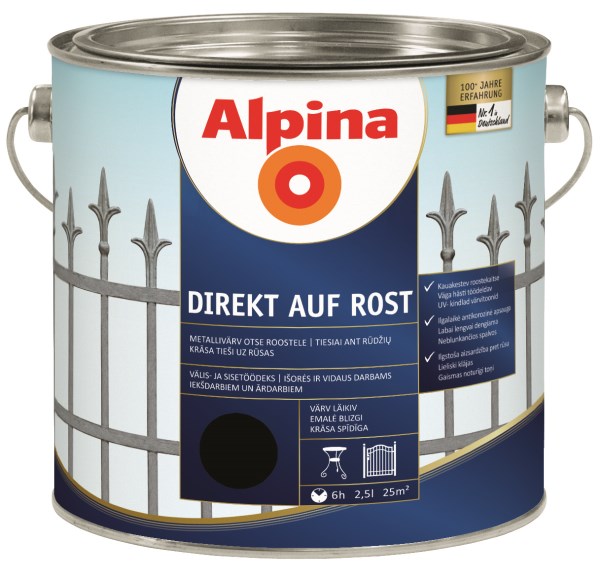 Dažai antikoroziniai metalui Alpina Direkt auf Rost blizgūs RAL 9005 2,5 l