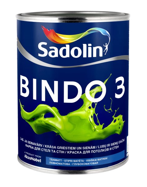 Vandeniniai vidaus dažai SADOLIN BINDO 3, 1 l, BW bazė, balti, visiškai matiniai