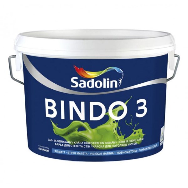 Vandeniniai vidaus dažai SADOLIN BINDO 3, 10 l, BW bazė, balti, visiškai matiniai