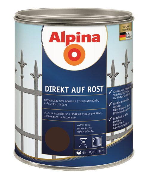 Dažai antikoroziniai metalui Alpina Direkt auf Rost blizgūs RAL 8017 0,75 l