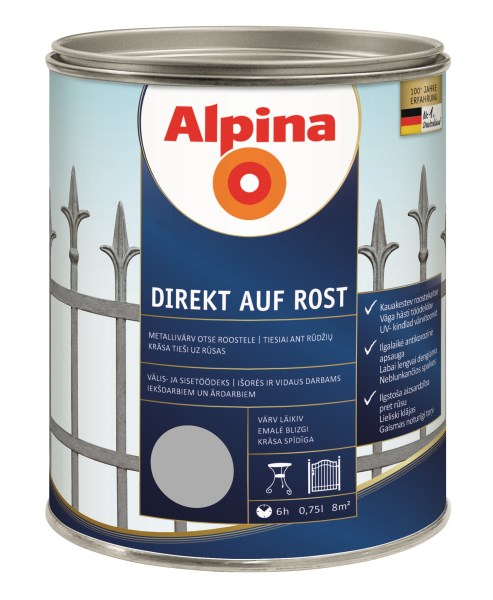 Dažai antikoroziniai metalui Alpina Direkt auf Rost blizgūs RAL 9006 0,75 l