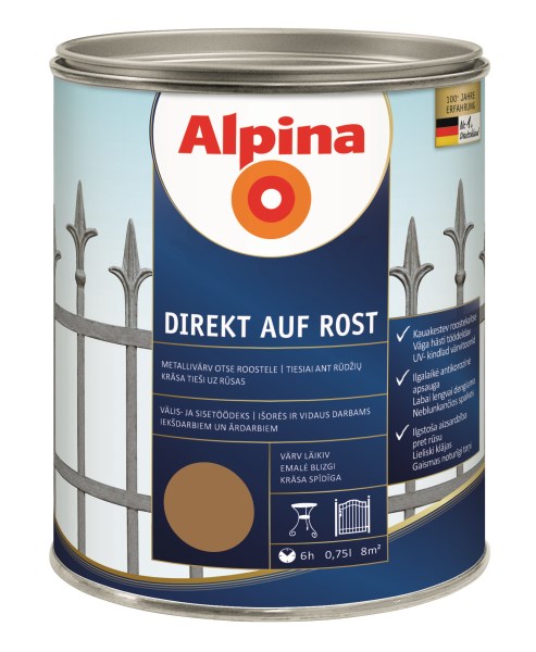 Dažai antikoroziniai metalui Alpina Direkt auf Rost blizgūs RAL 1036 0,75 l