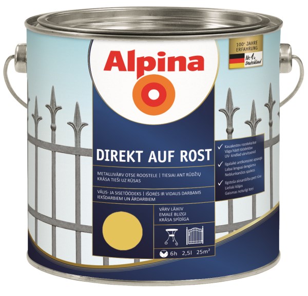 Dažai antikoroziniai metalui Alpina Direkt auf Rost blizgūs RAL 1021 2,5 l