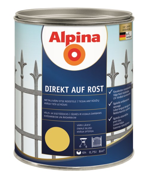 Dažai antikoroziniai metalui Alpina Direkt auf Rost blizgūs RAL 1021 0,75 l