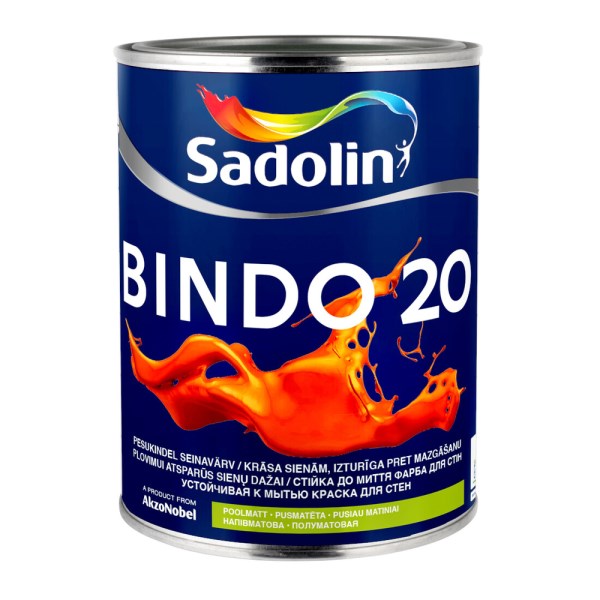 Vandeniniai vidaus dažai SADOLIN BINDO 20, 1 l, BW bazė, balti, pusiau matiniai, plaunami