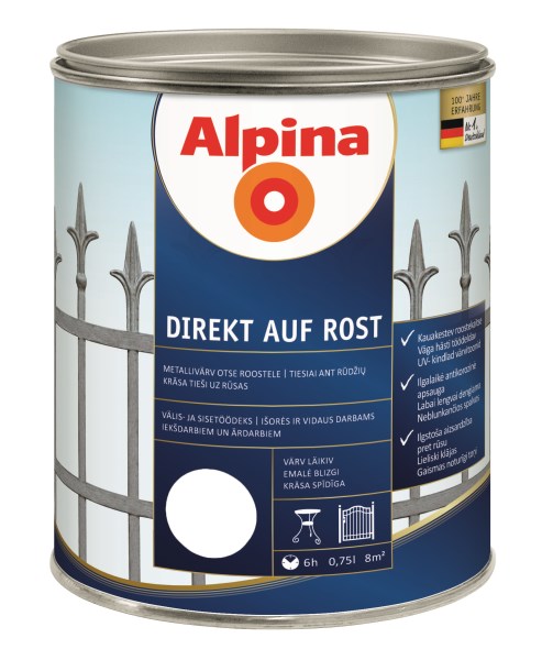 Dažai antikoroziniai metalui Alpina Direkt auf Rost blizgūs RAL 9016 0,75 l