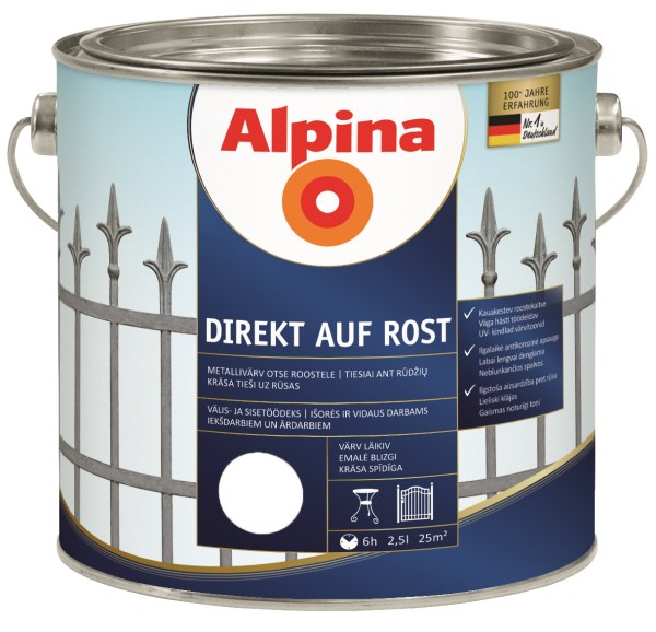 Dažai antikoroziniai metalui Alpina Direkt auf Rost blizgūs RAL 9016 2,5 l