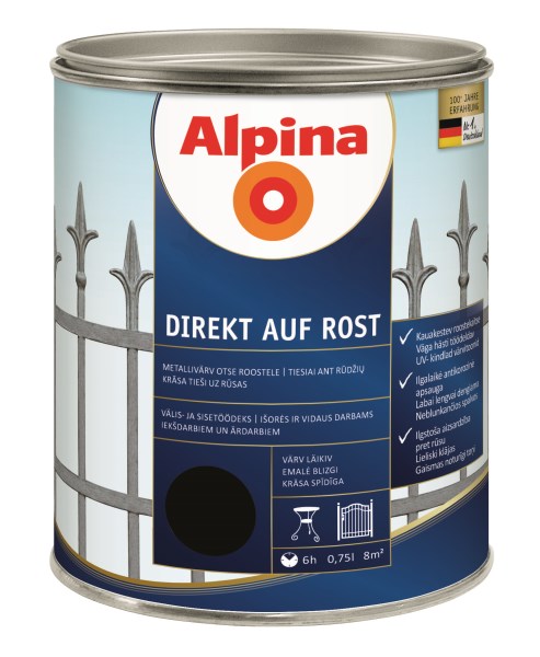 Dažai antikoroziniai metalui Alpina Direkt auf Rost blizgūs RAL 9005 0,75 l