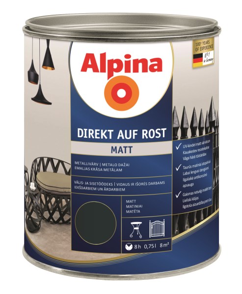 Dažai antikoroziniai metalui Alpina Direkt auf Rost matiniai RAL 9005 0,75 l