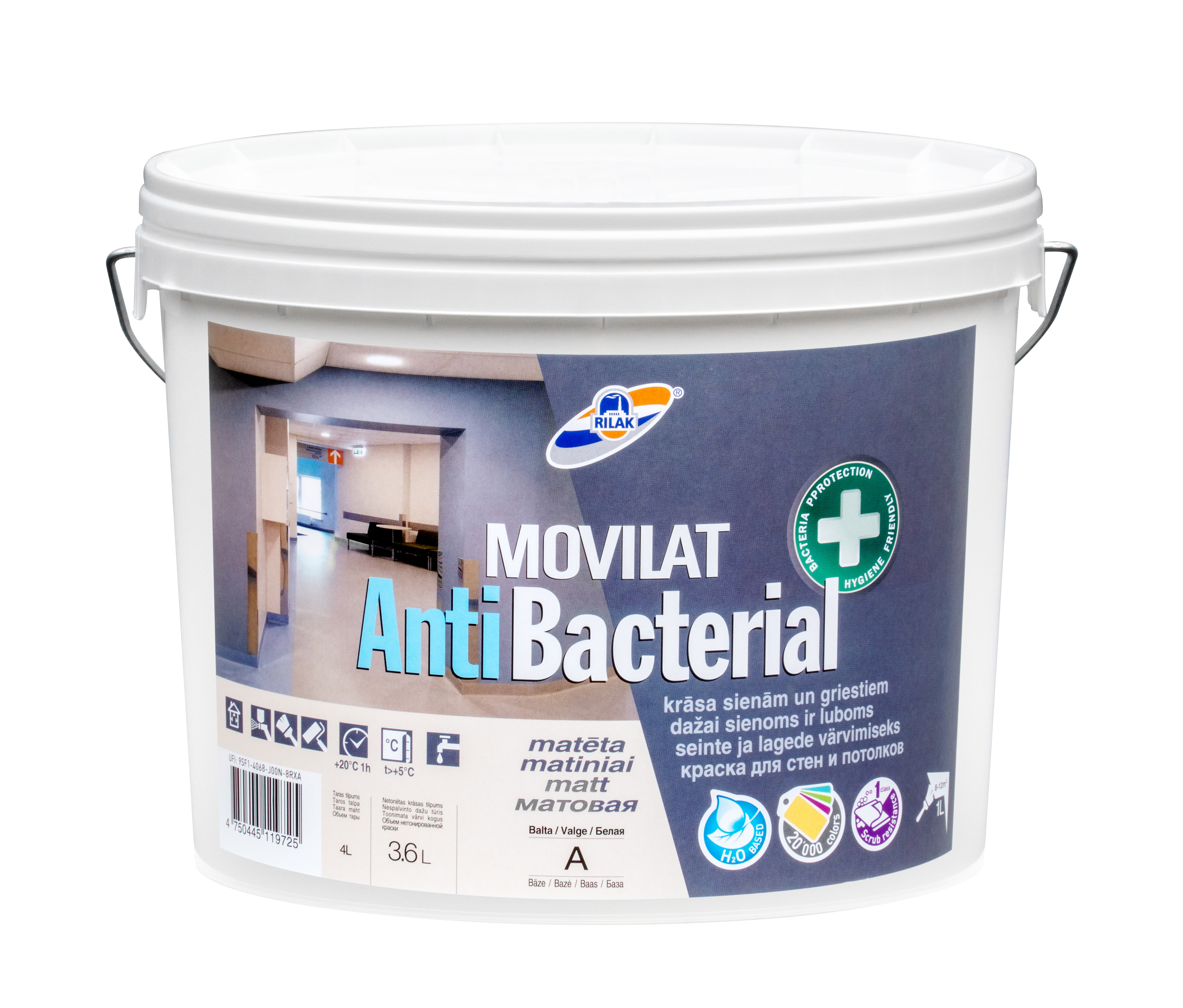 Dažai Rilak MOVILAT ANTIBACTERIAL 3.6l, A bazė (balta)