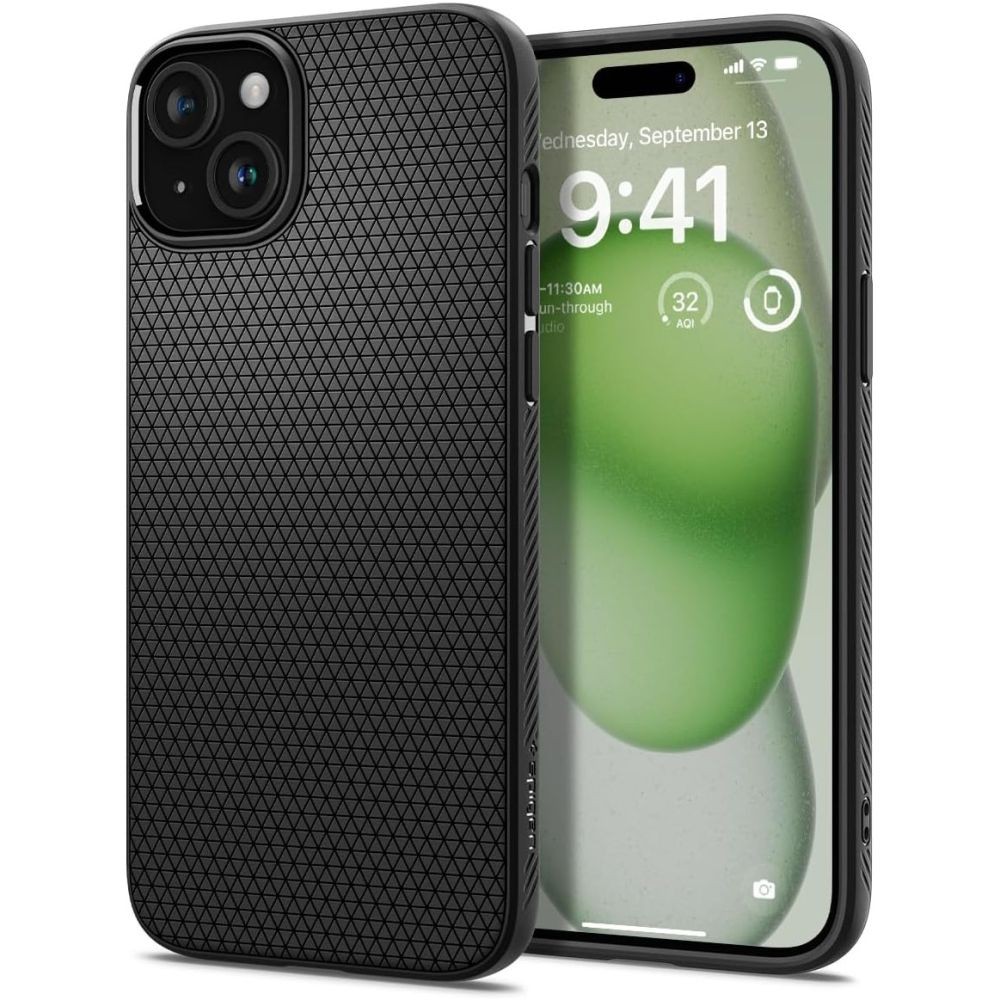 Juodas originalios tekstūros dėklas "Spigen Liquid Air" telefonui iPhone 15 Plus