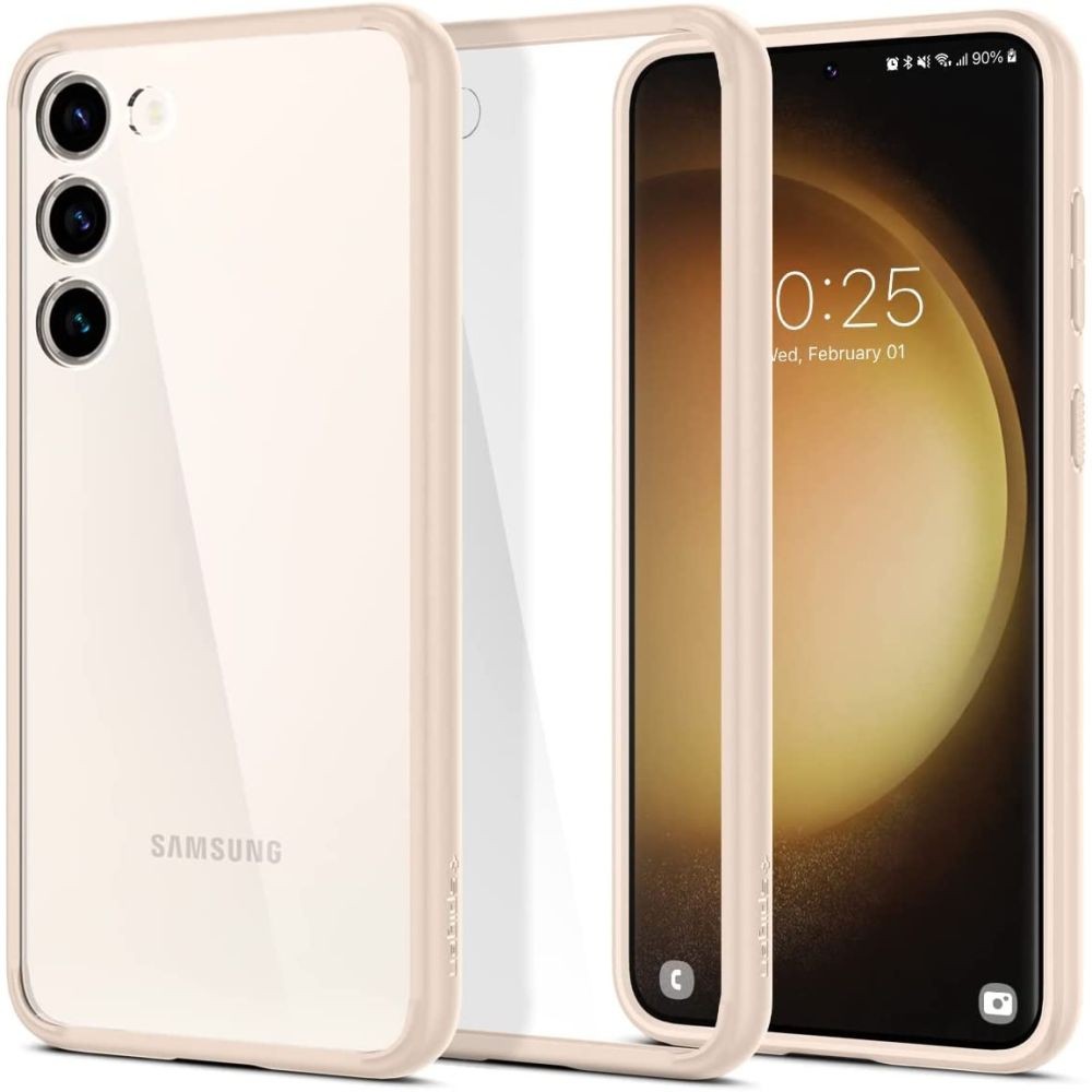 Itin tvirtas skaidrus dėklas kreminės spalvos kraštais "Spigen Ultra Hybrid" telefonui Galaxy S23