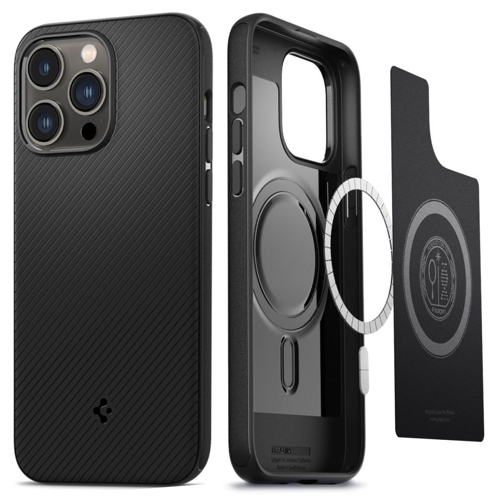 Juodas originalios matinės tekstūros dėklas "Spigen Mag Armor" telefonui iPhone 14 Pro