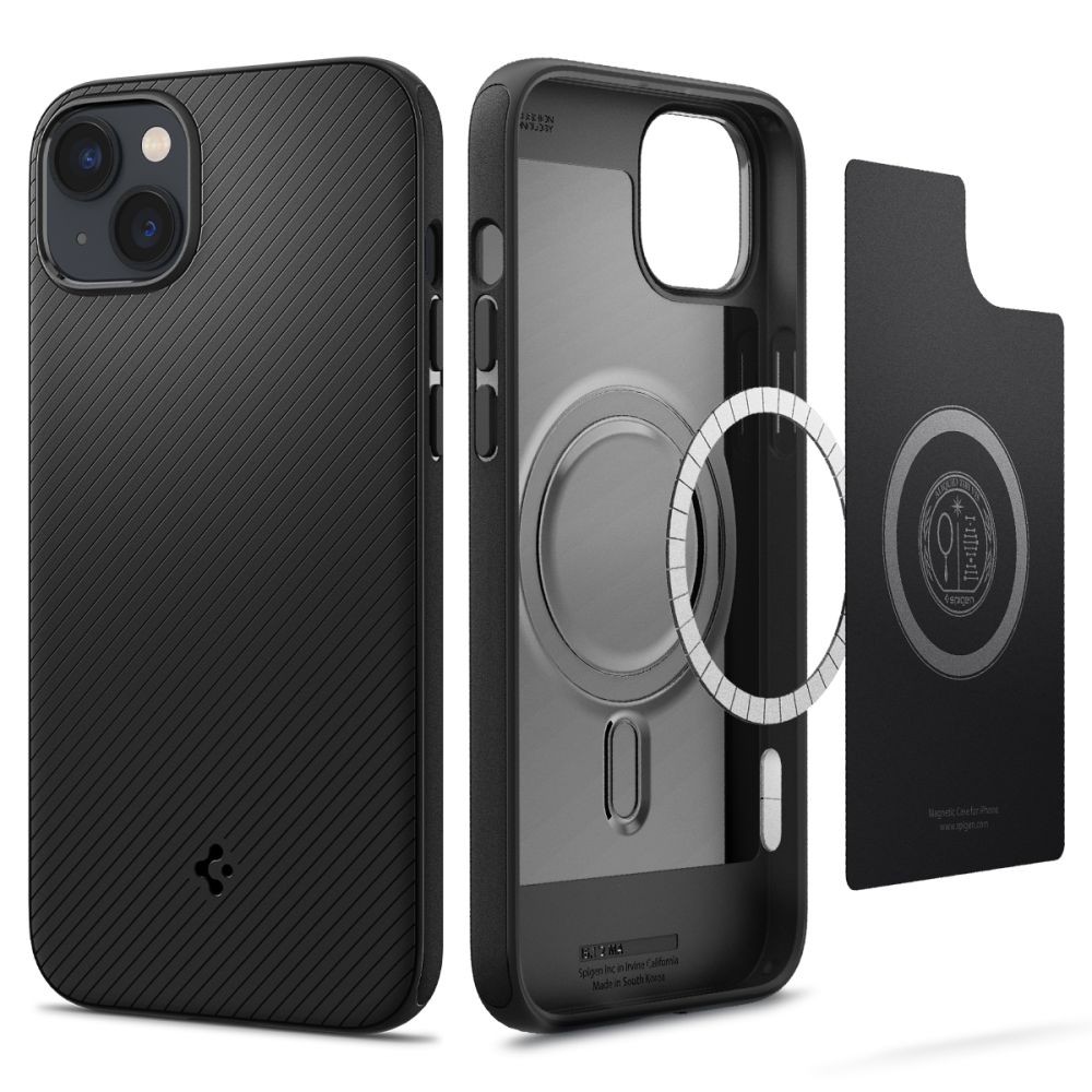 Juodas originalios matinės tekstūros dėklas "Spigen Mag Armor" telefonui iPhone 14
